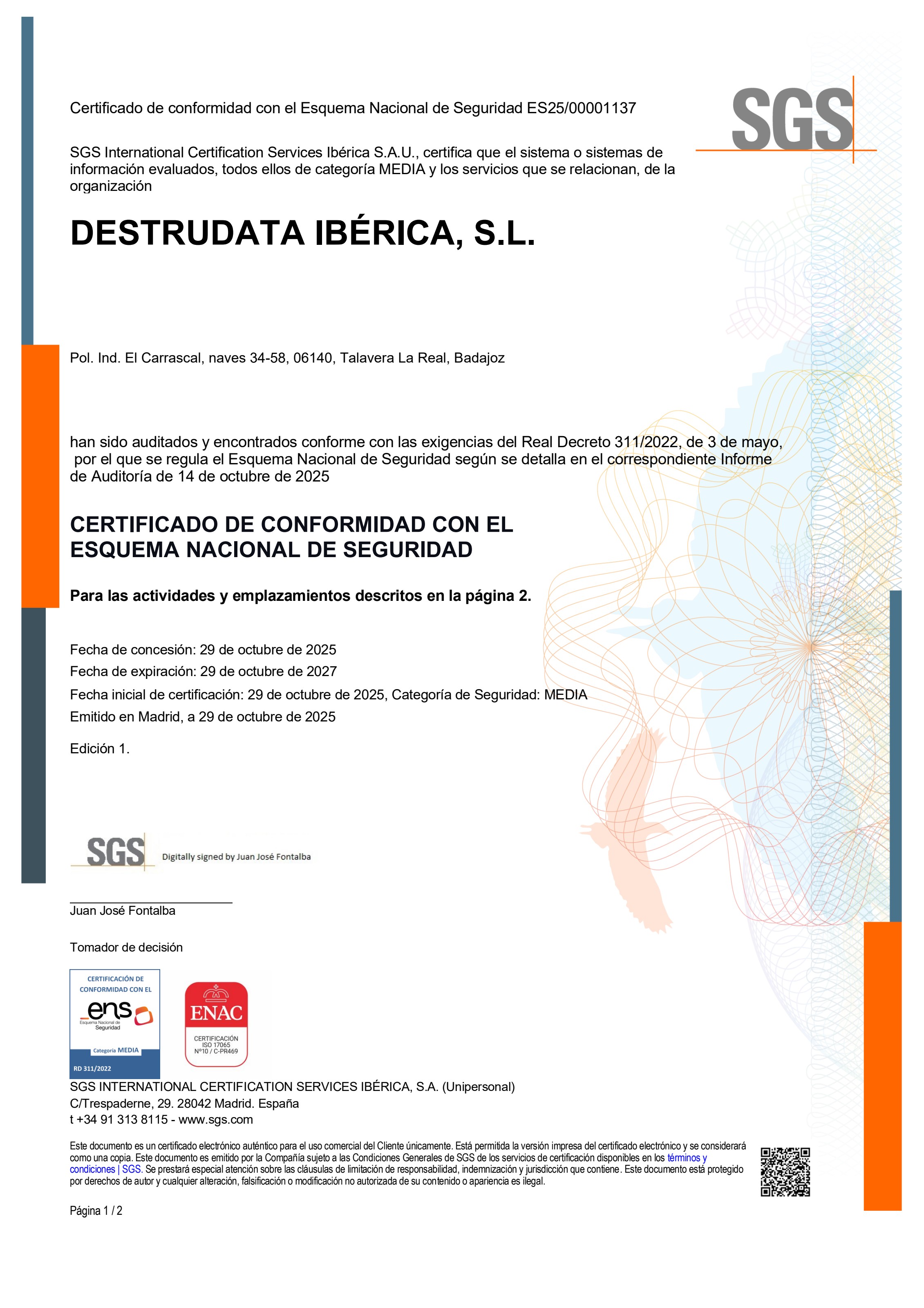 Certificado ENS Categoría MEDIA de DESTRUDATA Ibérica
