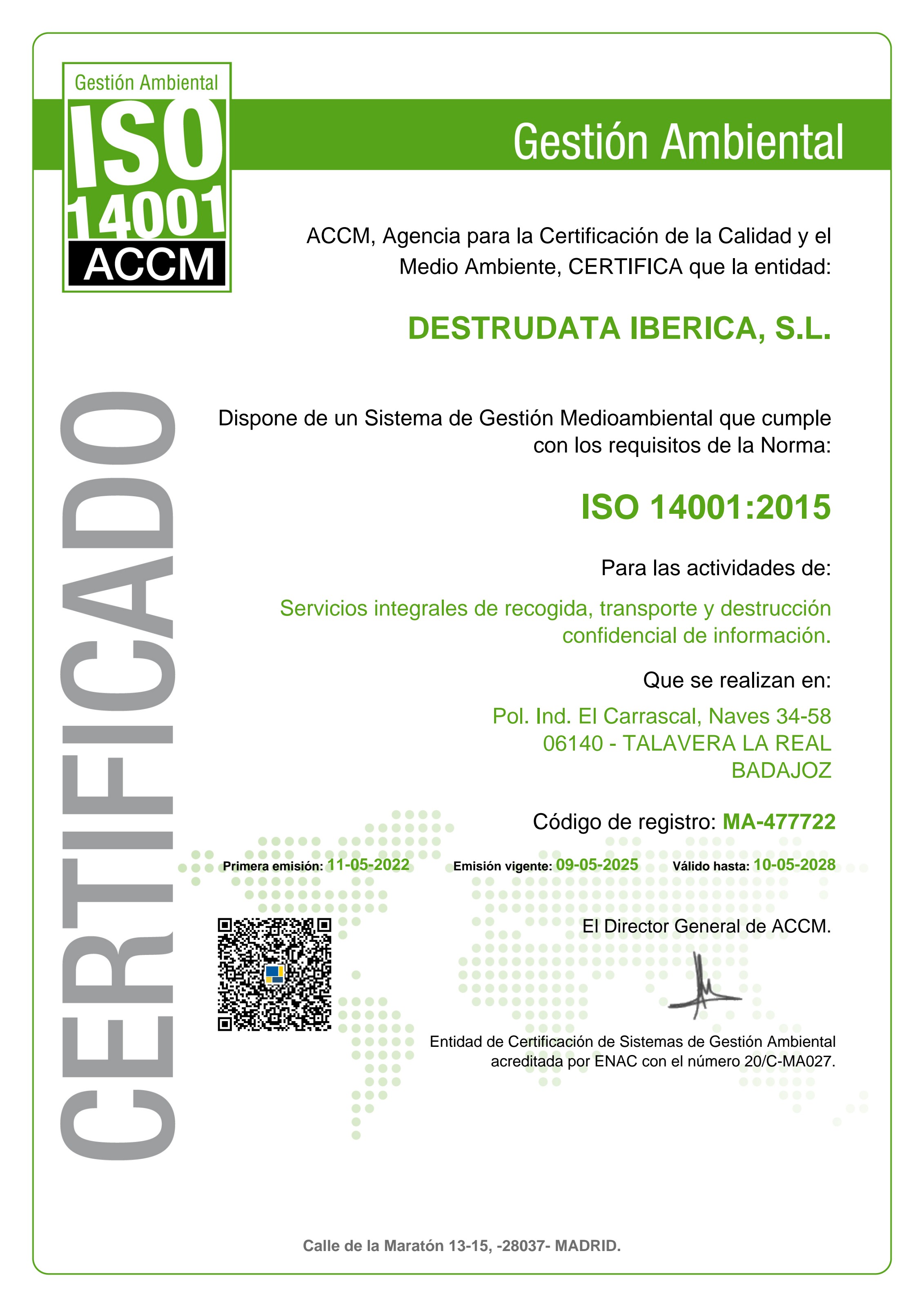 Certificado ISO 14001 de DESTRUDATA Ibérica