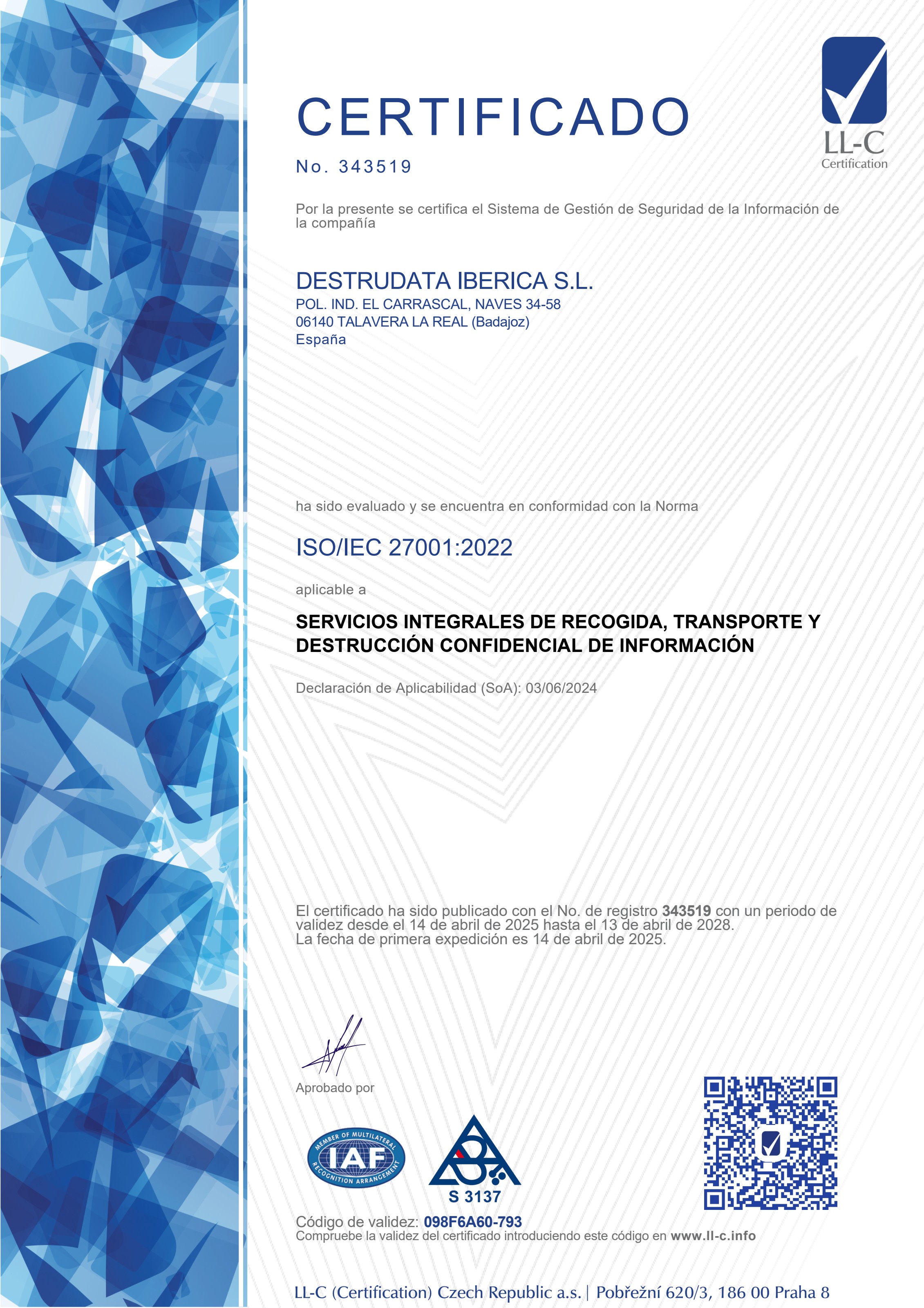 Certificado ISO 27001 de DESTRUDATA Ibérica