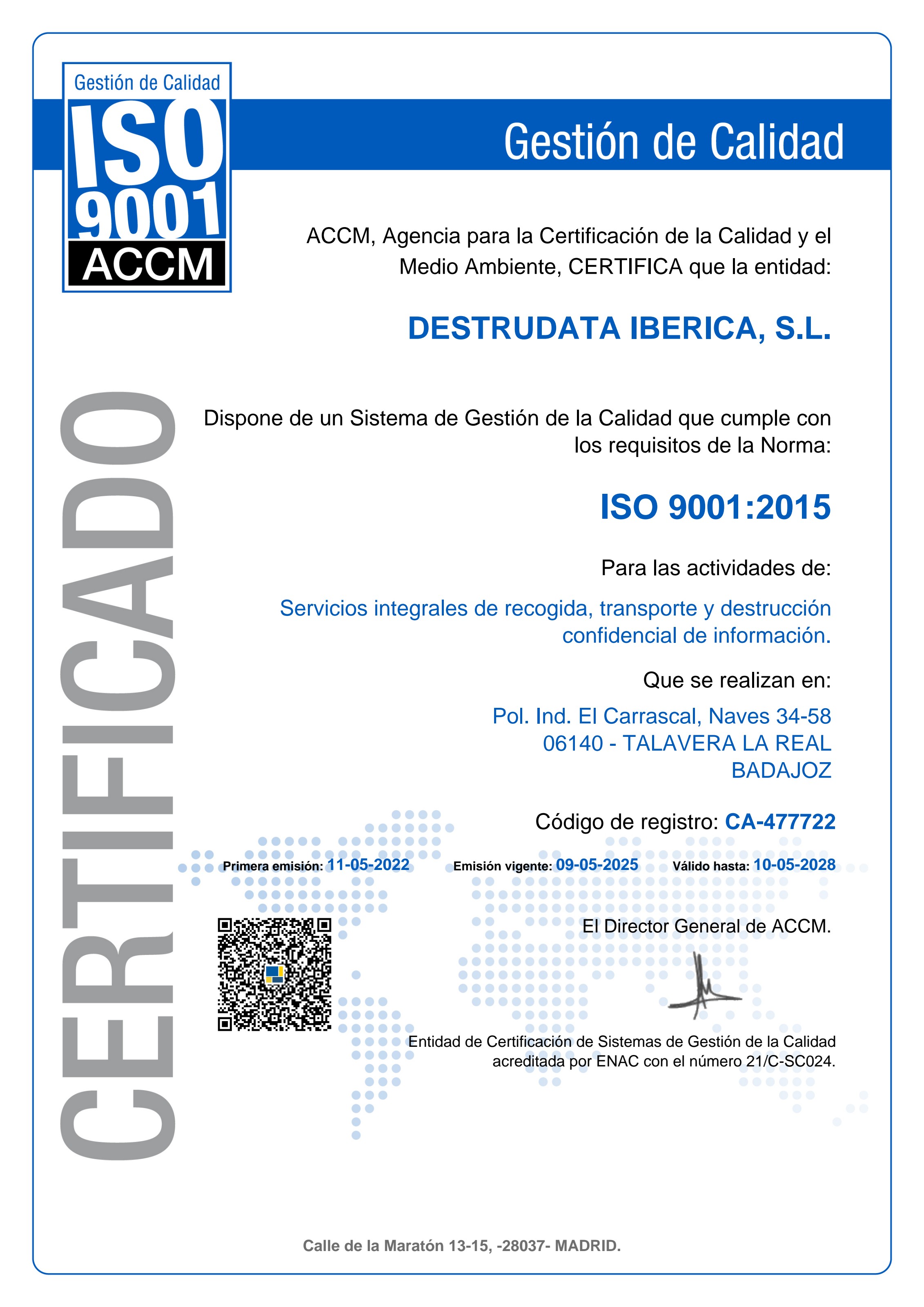 Certificado ISO 9001 de DESTRUDATA Ibérica